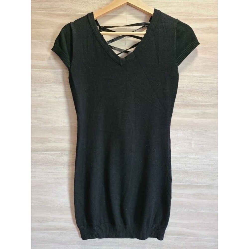 Rue21 Sweater Dress Juniors Large Black Lace Up Back Knit Bodycon Short Sleeve